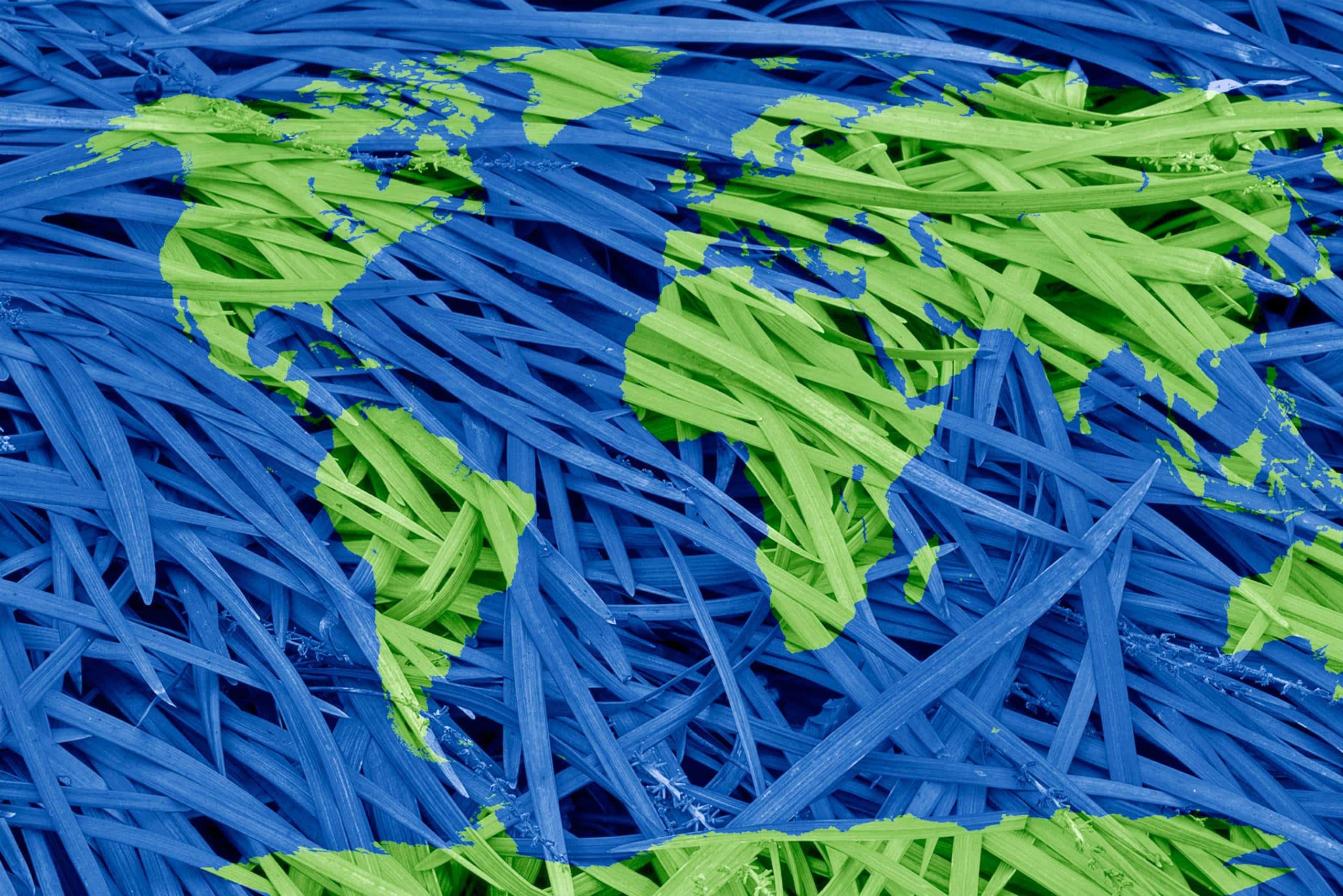 map constructed of recycled strips of blue and green paper